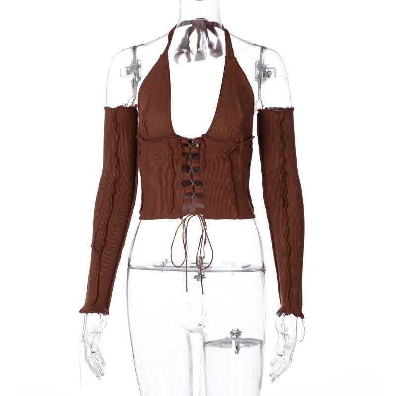 Simenual Backless Halter Ribbed Tie Front Top Women Long Sleeve Fairy Grunge Lace Up T Shirts Patchwork Green Bodycon Crop Tops