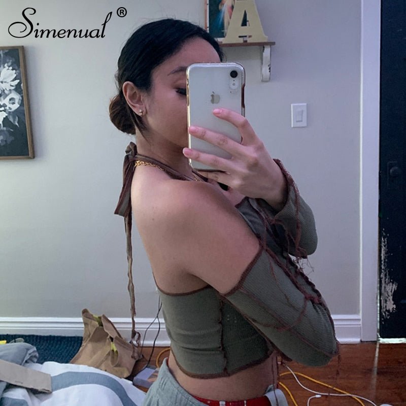 Simenual Backless Halter Ribbed Tie Front Top Women Long Sleeve Fairy Grunge Lace Up T Shirts Patchwork Green Bodycon Crop Tops