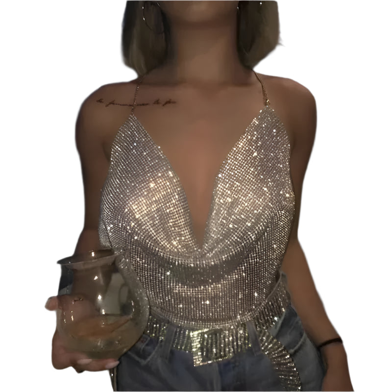 Women's Glitter Rhinestone Backless Crop Top - V-Neck Festival Party Tank, Summer Evening Metal Bralette