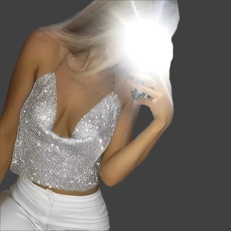 Women's Glitter Rhinestone Backless Crop Top - V-Neck Festival Party Tank, Summer Evening Metal Bralette