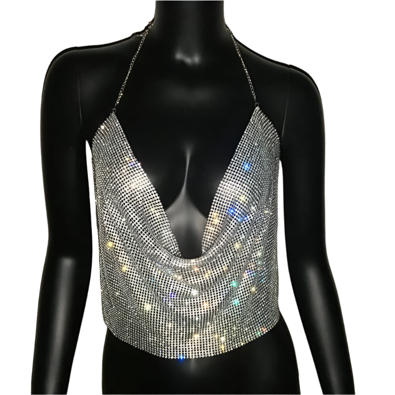 Women's Glitter Rhinestone Backless Crop Top - V-Neck Festival Party Tank, Summer Evening Metal Bralette