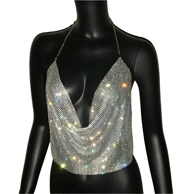 Women's Glitter Rhinestone Backless Crop Top - V-Neck Festival Party Tank, Summer Evening Metal Bralette