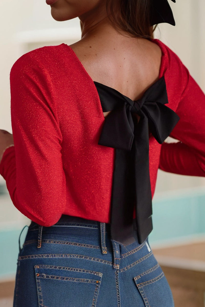 Valentine Sweet Bowknot Backless V Neck Top