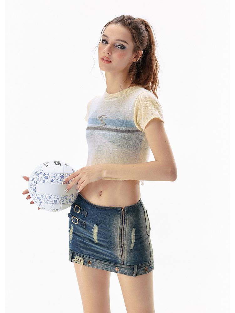 backless strap contrast color T-shirt