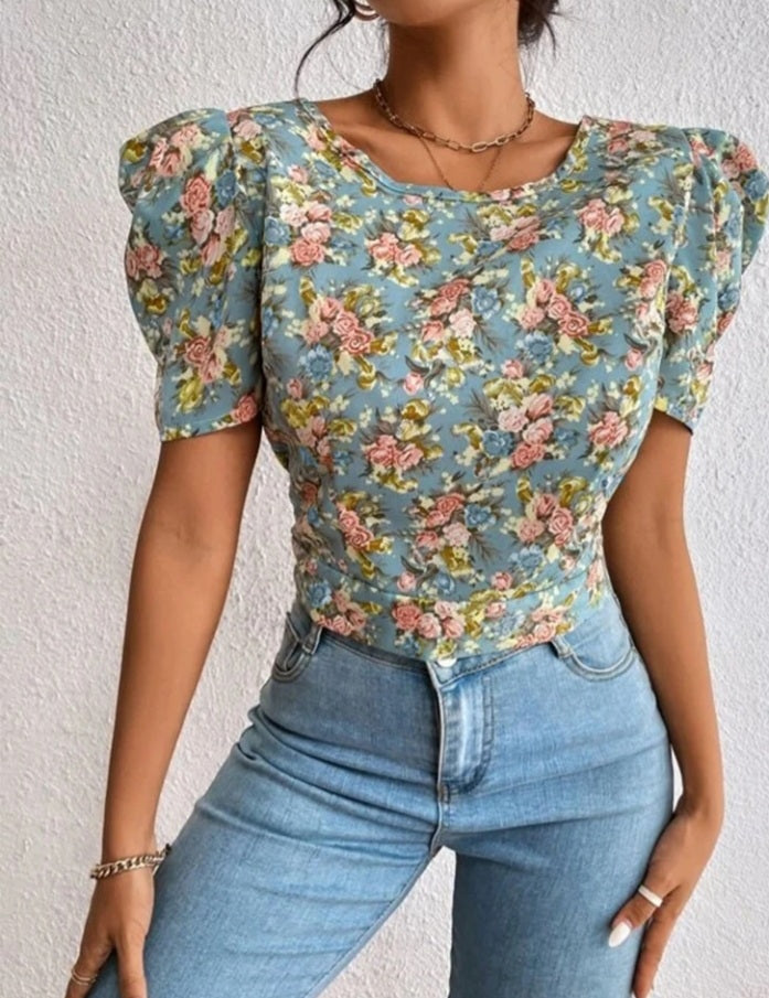 FLORAL PRINT PUFF SLEEVE BACKLESS BLOUSE