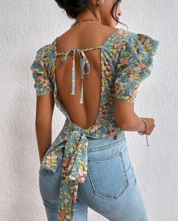 FLORAL PRINT PUFF SLEEVE BACKLESS BLOUSE