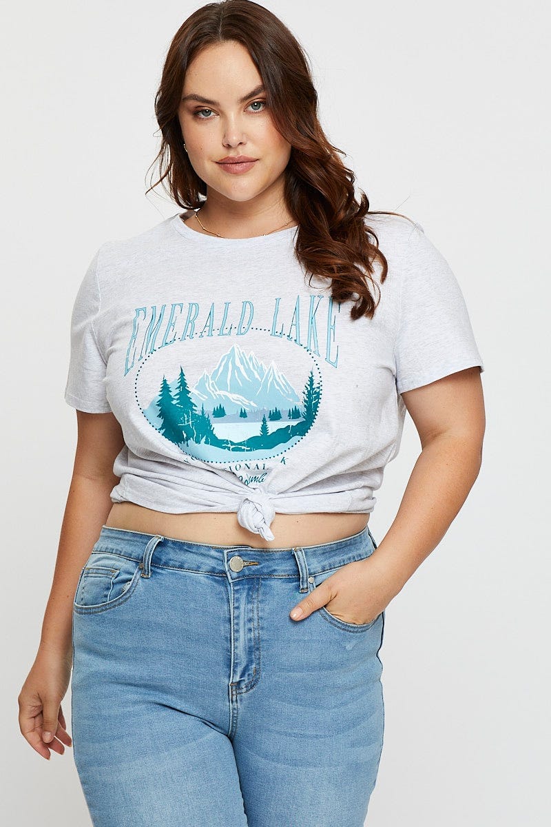 Grey Graphic T-shirt Crew Neck Short Sleeve Cotton