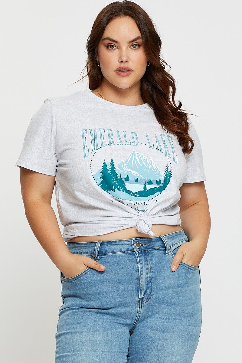 Grey Graphic T-shirt Crew Neck Short Sleeve Cotton