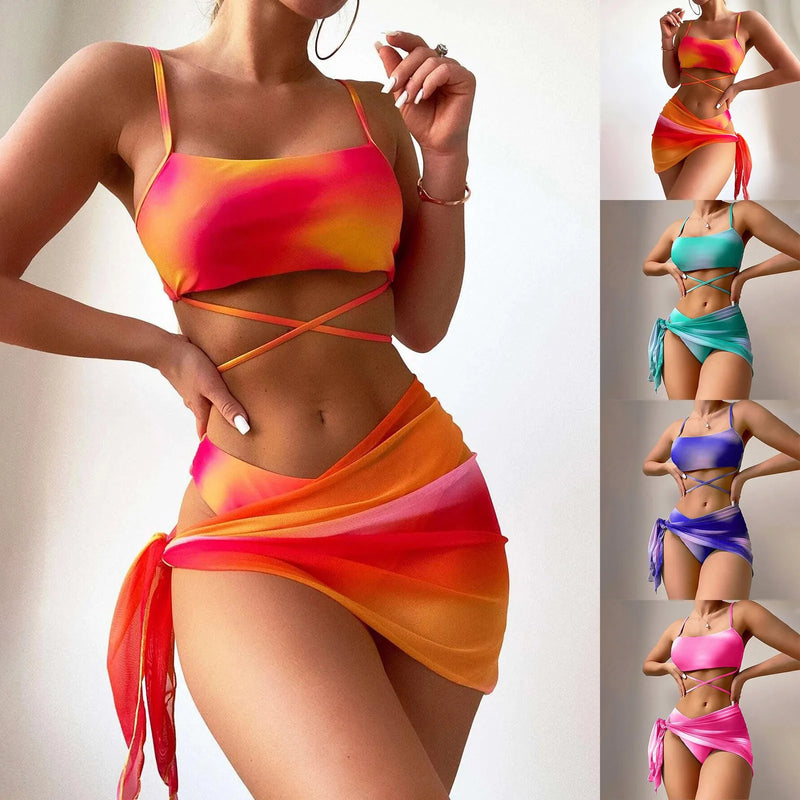 2024 new tie-dye Lace up Split Swimsuit Beach Bikinis Set Sexy Backless top Hipster Bottom and Cover Up dress 3 Pieces Swimsuit