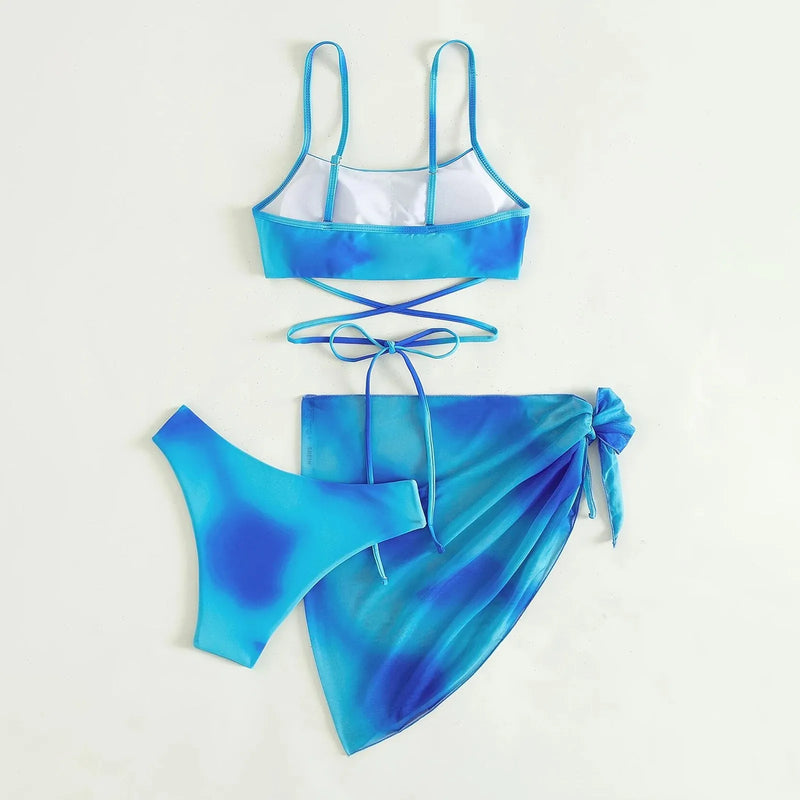 2024 new tie-dye Lace up Split Swimsuit Beach Bikinis Set Sexy Backless top Hipster Bottom and Cover Up dress 3 Pieces Swimsuit