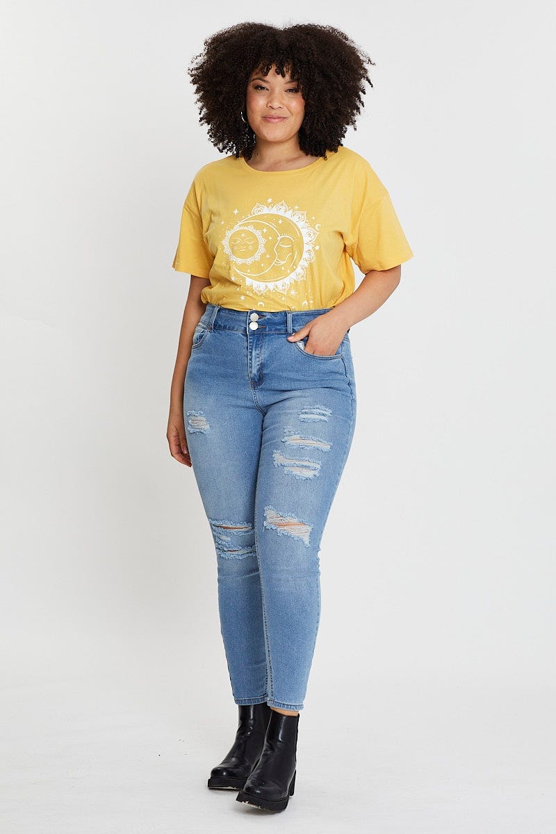 Yellow Graphic T-shirt Star Dust Short Sleeve Cotton