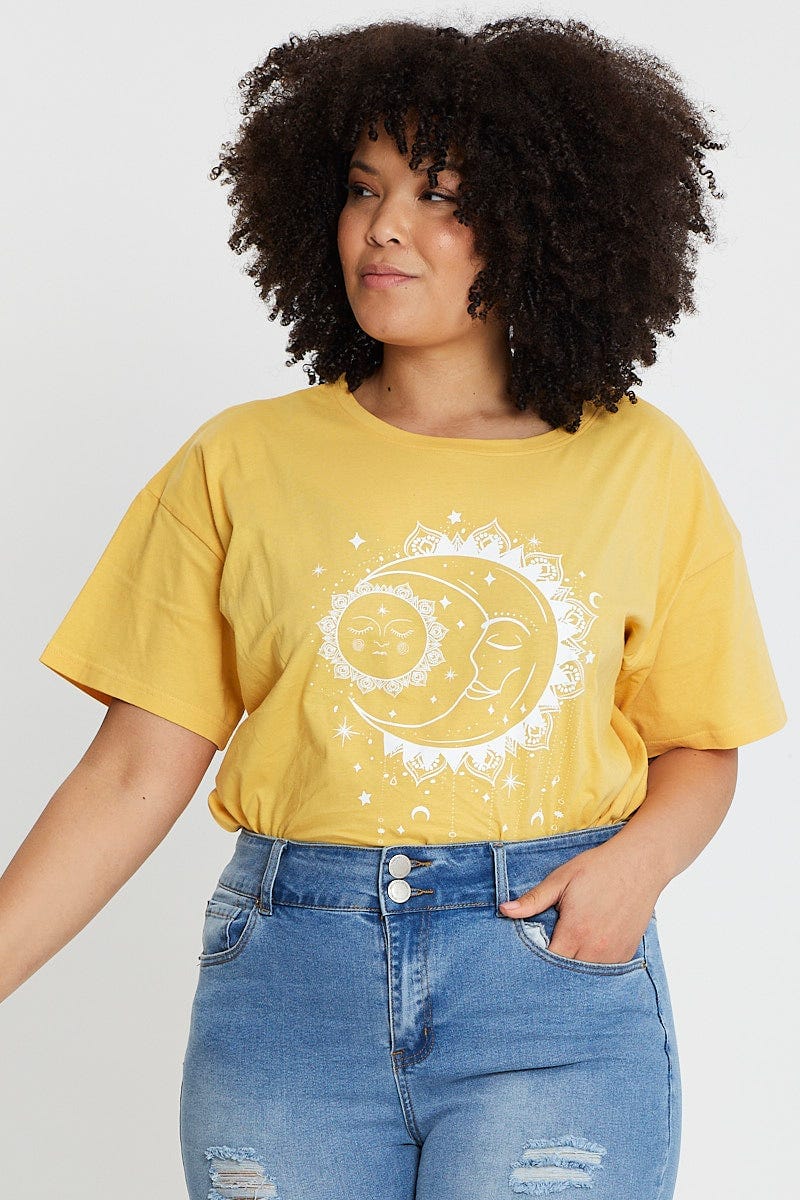 Yellow Graphic T-shirt Star Dust Short Sleeve Cotton