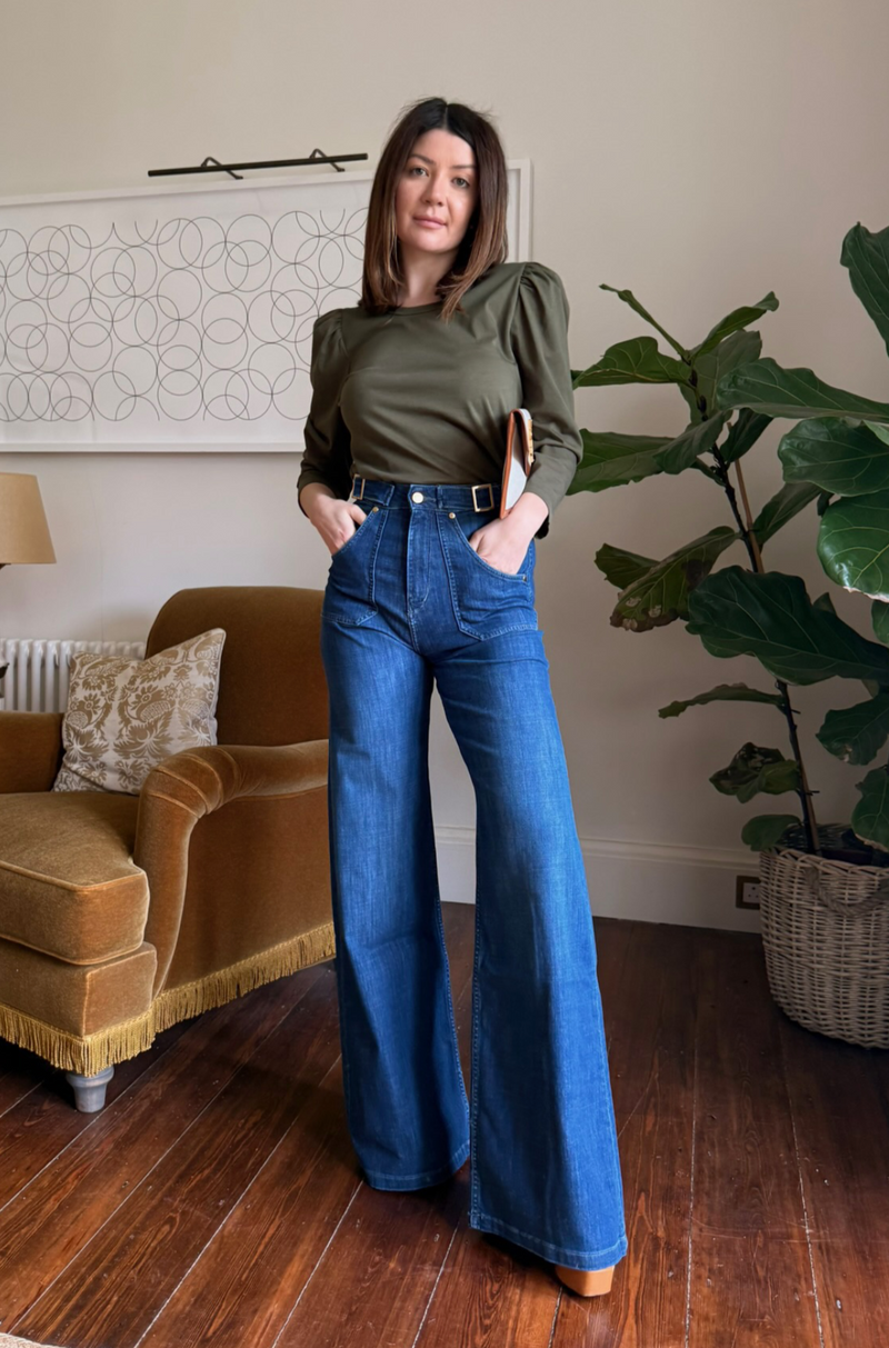 Minnie The High Top Full Length Wide Leg Flared Jeans | Moonlit Morning [Mid Wash Denim]
