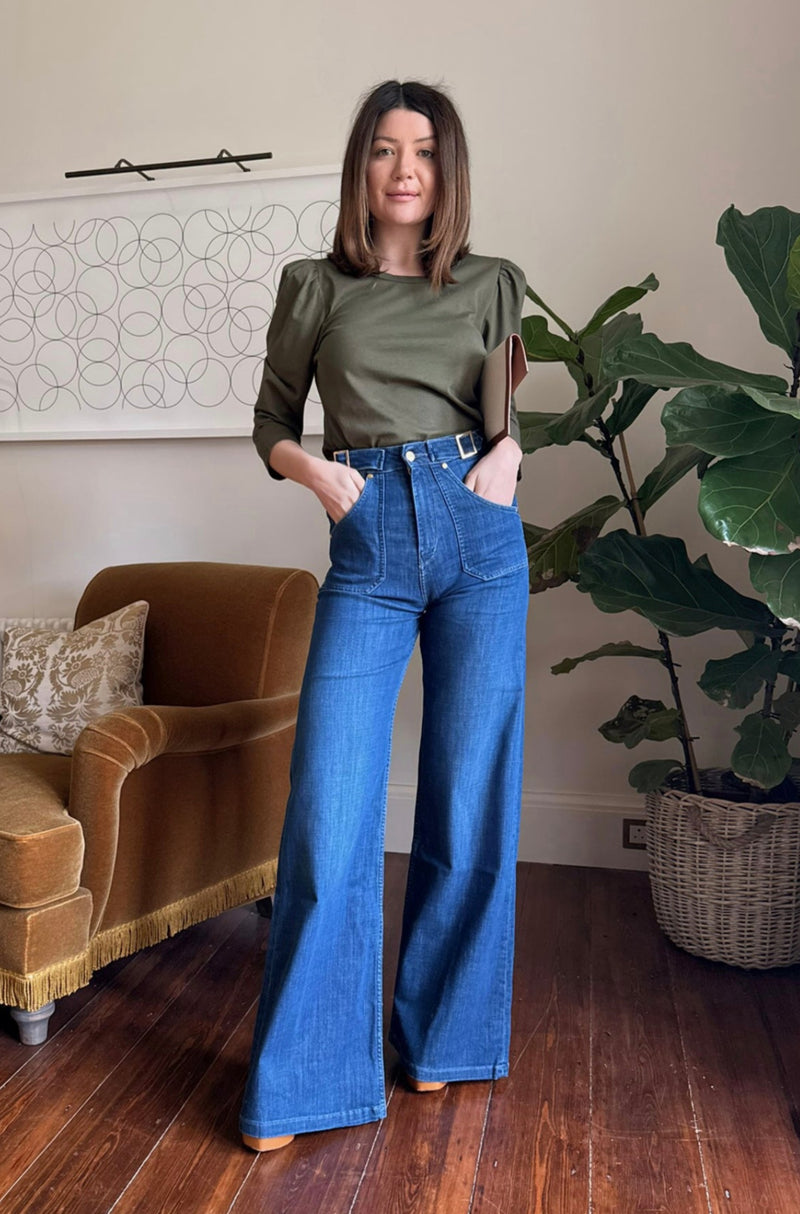 Minnie The High Top Full Length Wide Leg Flared Jeans | Moonlit Morning [Mid Wash Denim]