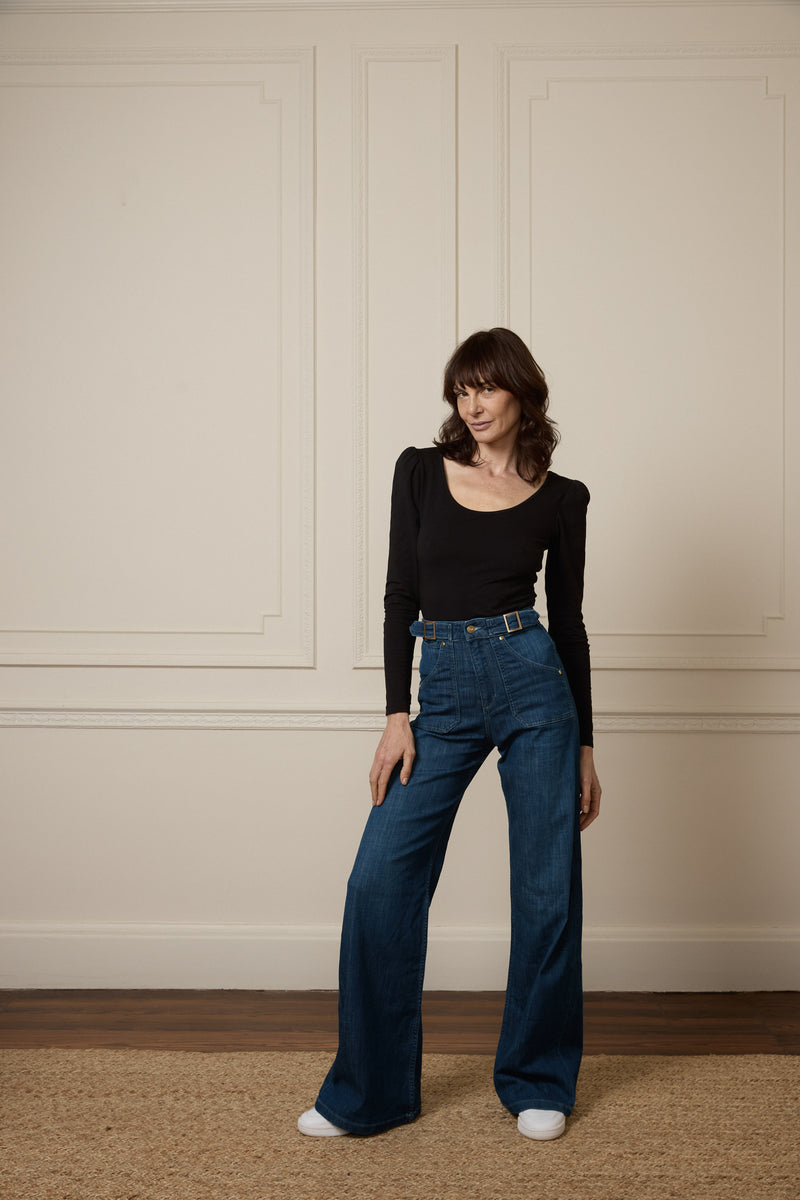 Minnie The High Top Full Length Wide Leg Flared Jeans | Moonlit Morning [Mid Wash Denim]