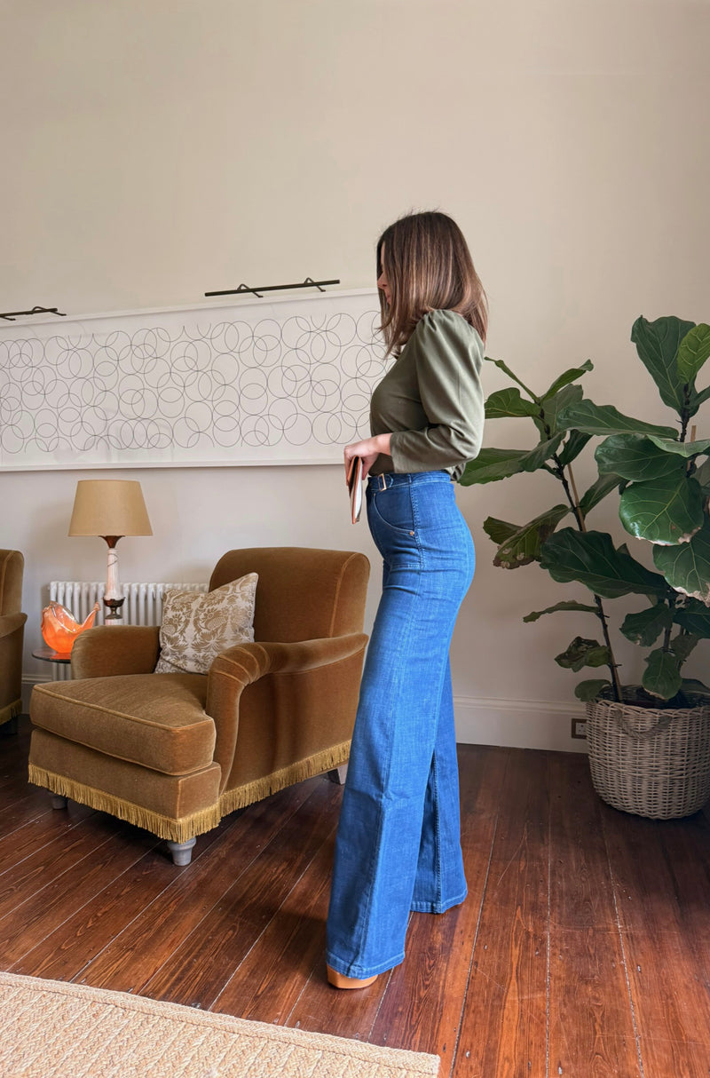 Minnie The High Top Full Length Wide Leg Flared Jeans | Moonlit Morning [Mid Wash Denim]