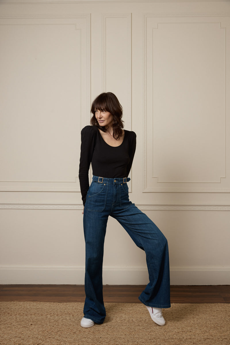Minnie The High Top Full Length Wide Leg Flared Jeans | Moonlit Morning [Mid Wash Denim]