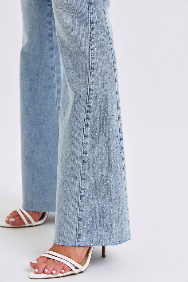 Judy Blue Mid Rise Button Fly Rhinestone Side Panel Detail Flare Denim Jeans 88895
