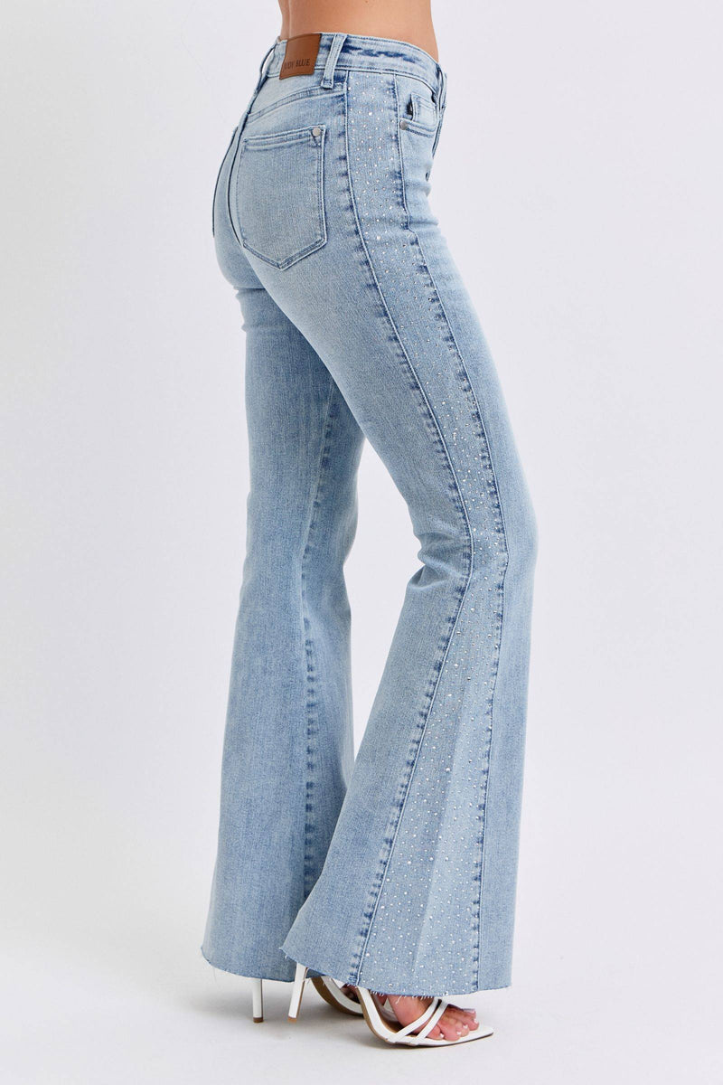 Judy Blue Mid Rise Button Fly Rhinestone Side Panel Detail Flare Denim Jeans 88895