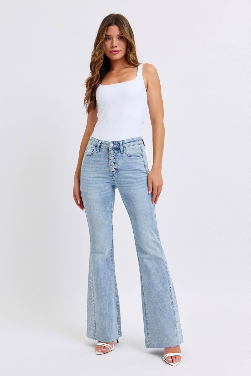 Judy Blue Mid Rise Button Fly Rhinestone Side Panel Detail Flare Denim Jeans 88895