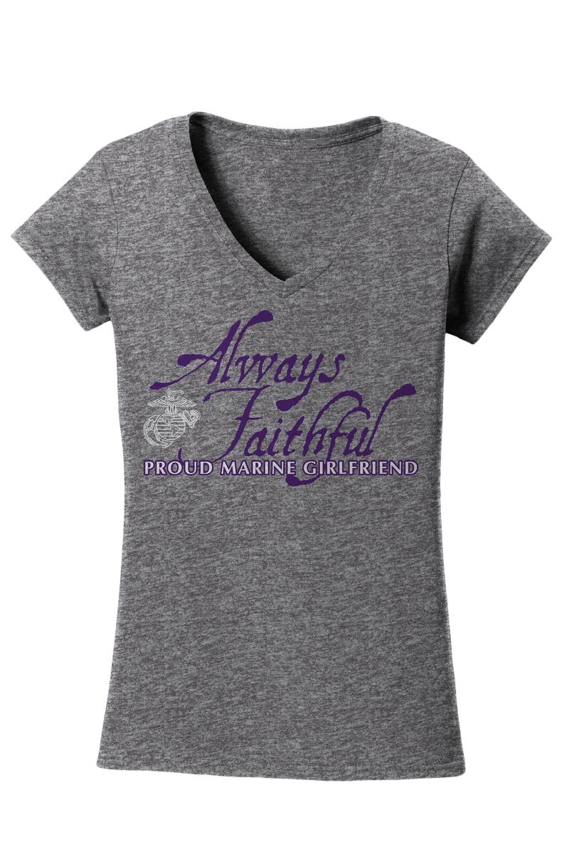 Always Faithful Proud Girlfriend Ladies USMC V-Neck T-Shirt-Sport Grey