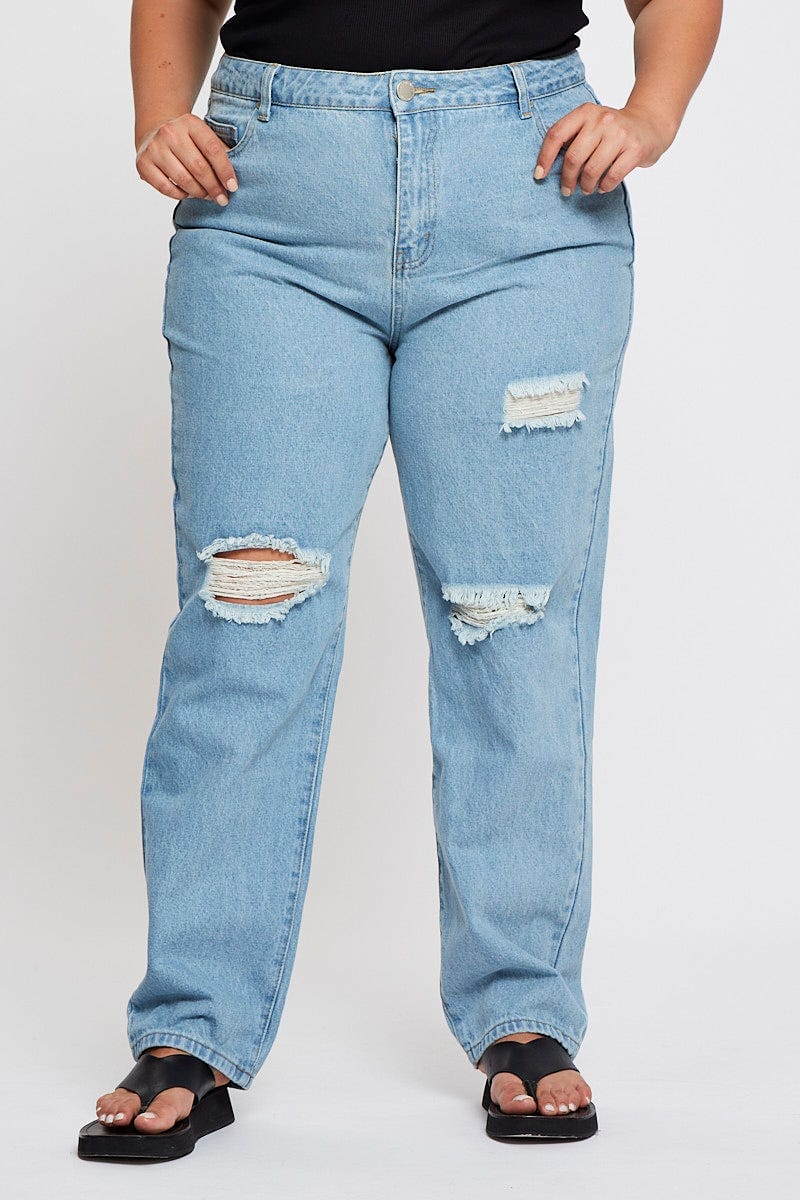 Blue Denim Jean High Rise Distressed Straight Leg