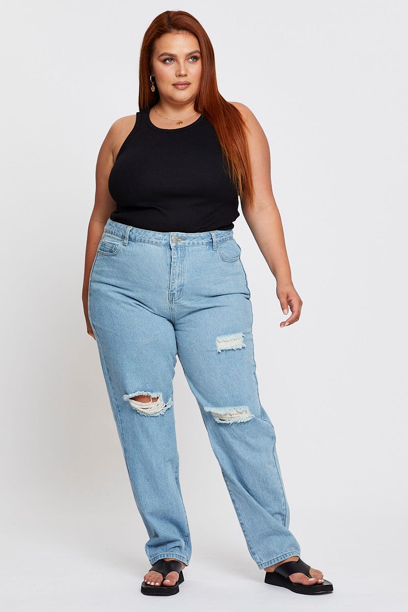 Blue Denim Jean High Rise Distressed Straight Leg