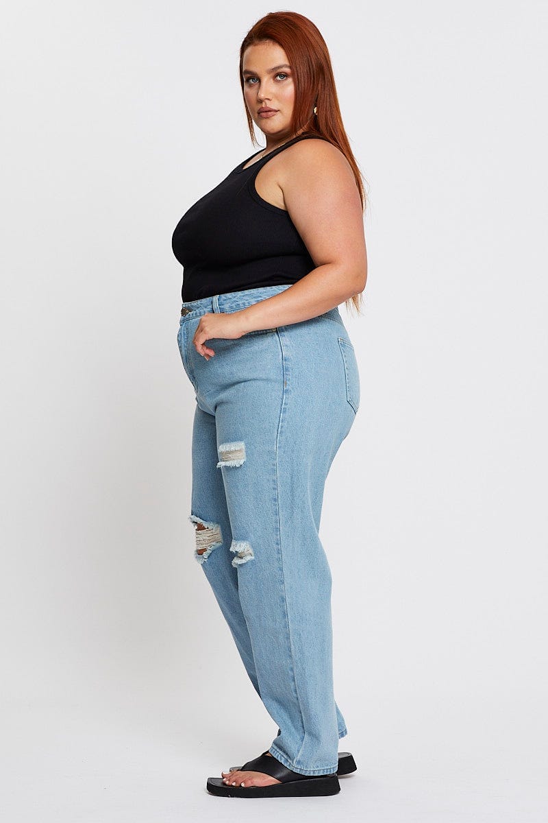 Blue Denim Jean High Rise Distressed Straight Leg