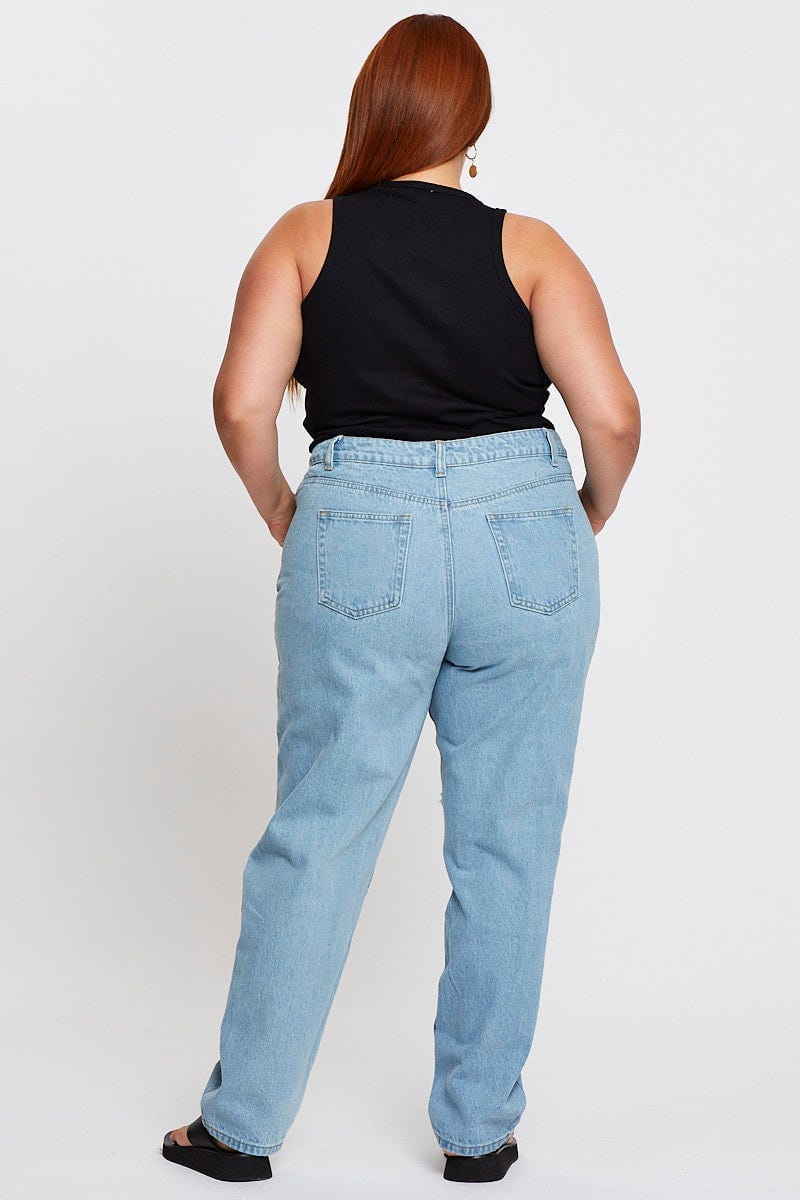 Blue Denim Jean High Rise Distressed Straight Leg