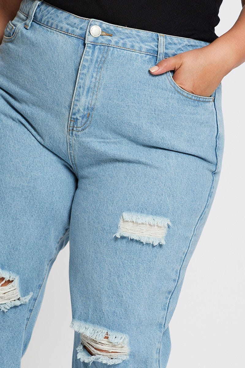 Blue Denim Jean High Rise Distressed Straight Leg