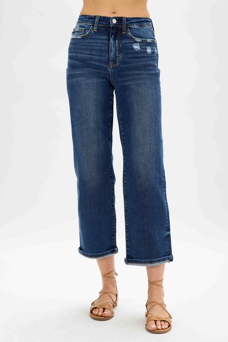 Judy Blue High Waist Medium Destroyed Pocket Wide Leg Denim Jeans 82497