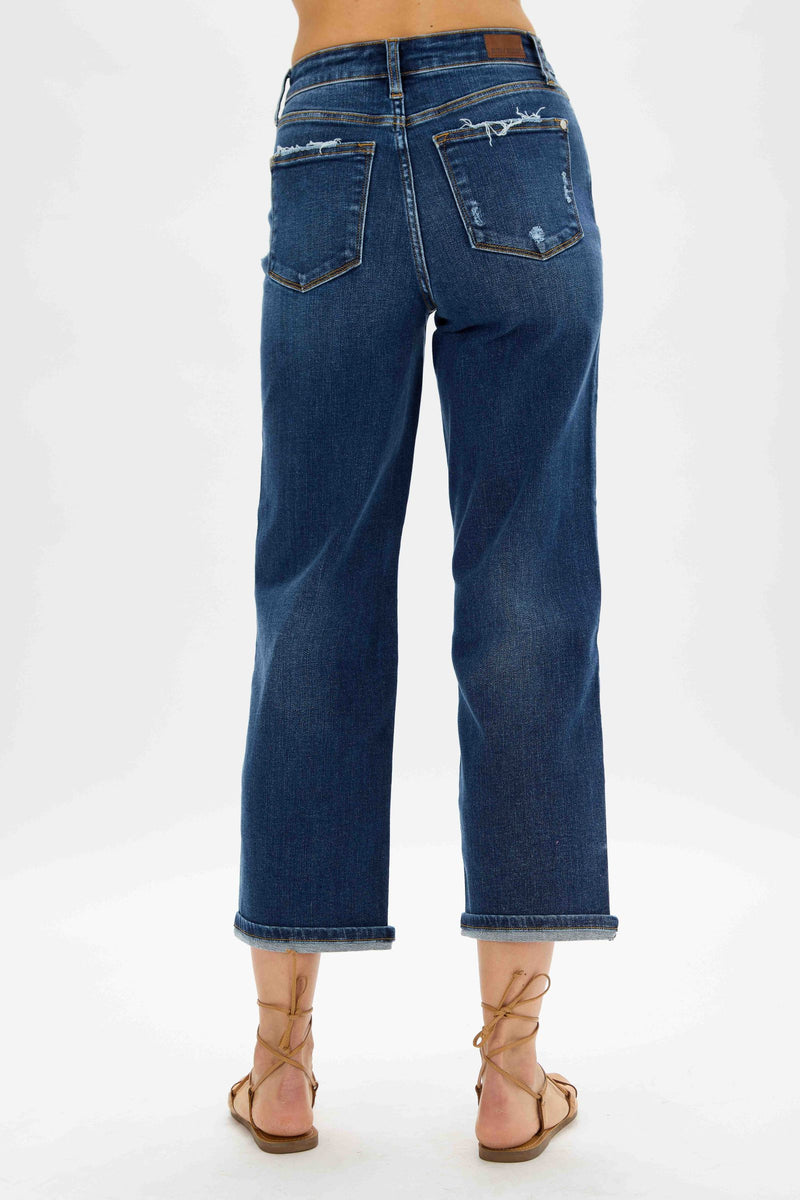 Judy Blue High Waist Medium Destroyed Pocket Wide Leg Denim Jeans 82497
