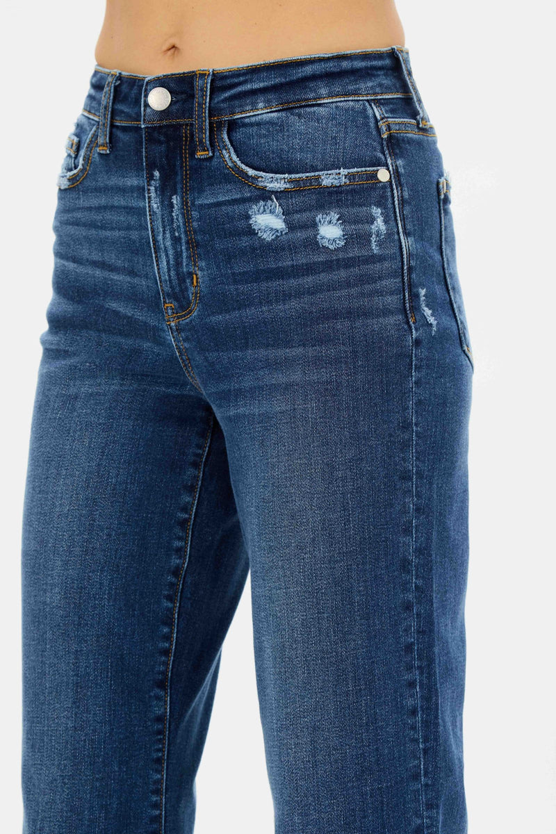 Judy Blue High Waist Medium Destroyed Pocket Wide Leg Denim Jeans 82497