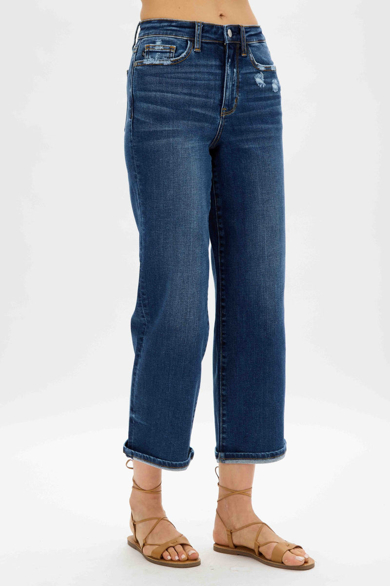 Judy Blue High Waist Medium Destroyed Pocket Wide Leg Denim Jeans 82497