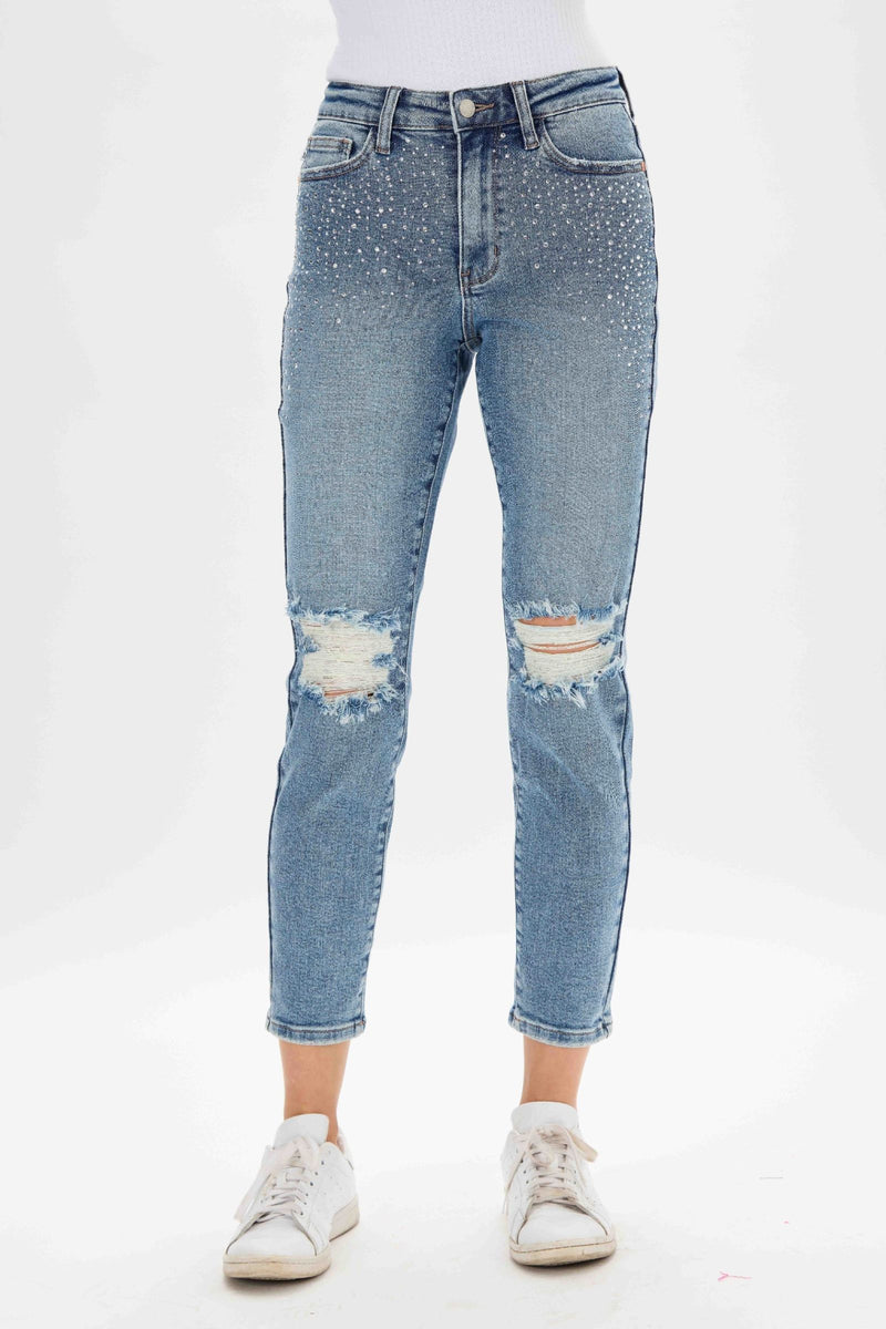 Judy Blue High Waist Rhinestone Embellished W/ Destroyed Slim Denim Jeans 88565