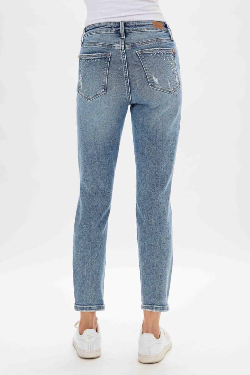 Judy Blue High Waist Rhinestone Embellished W/ Destroyed Slim Denim Jeans 88565