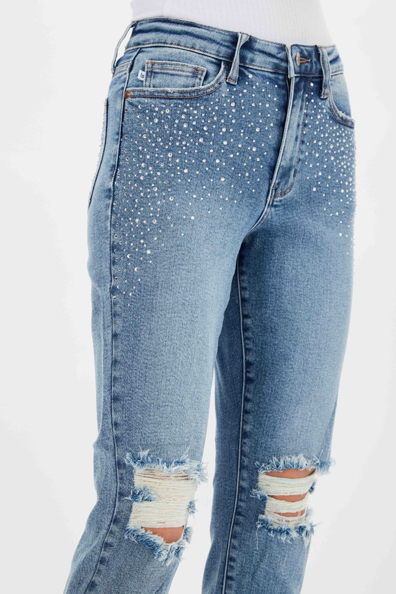 Judy Blue High Waist Rhinestone Embellished W/ Destroyed Slim Denim Jeans 88565