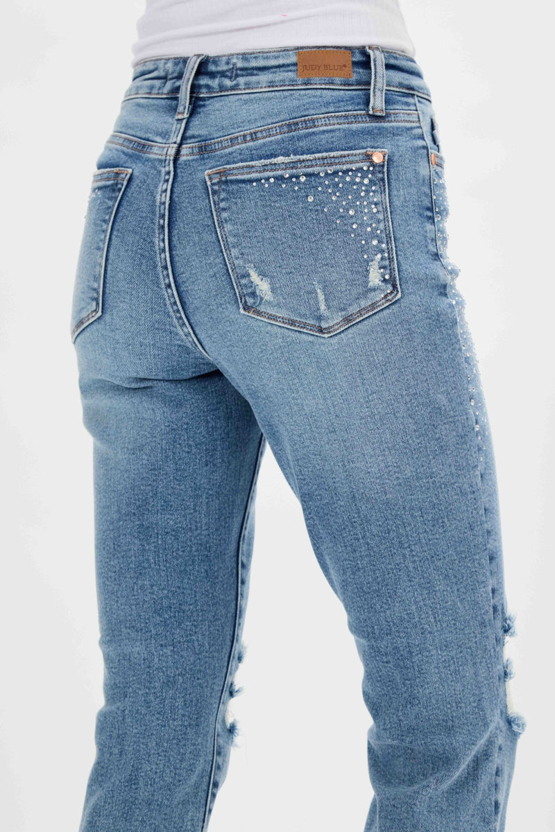 Judy Blue High Waist Rhinestone Embellished W/ Destroyed Slim Denim Jeans 88565