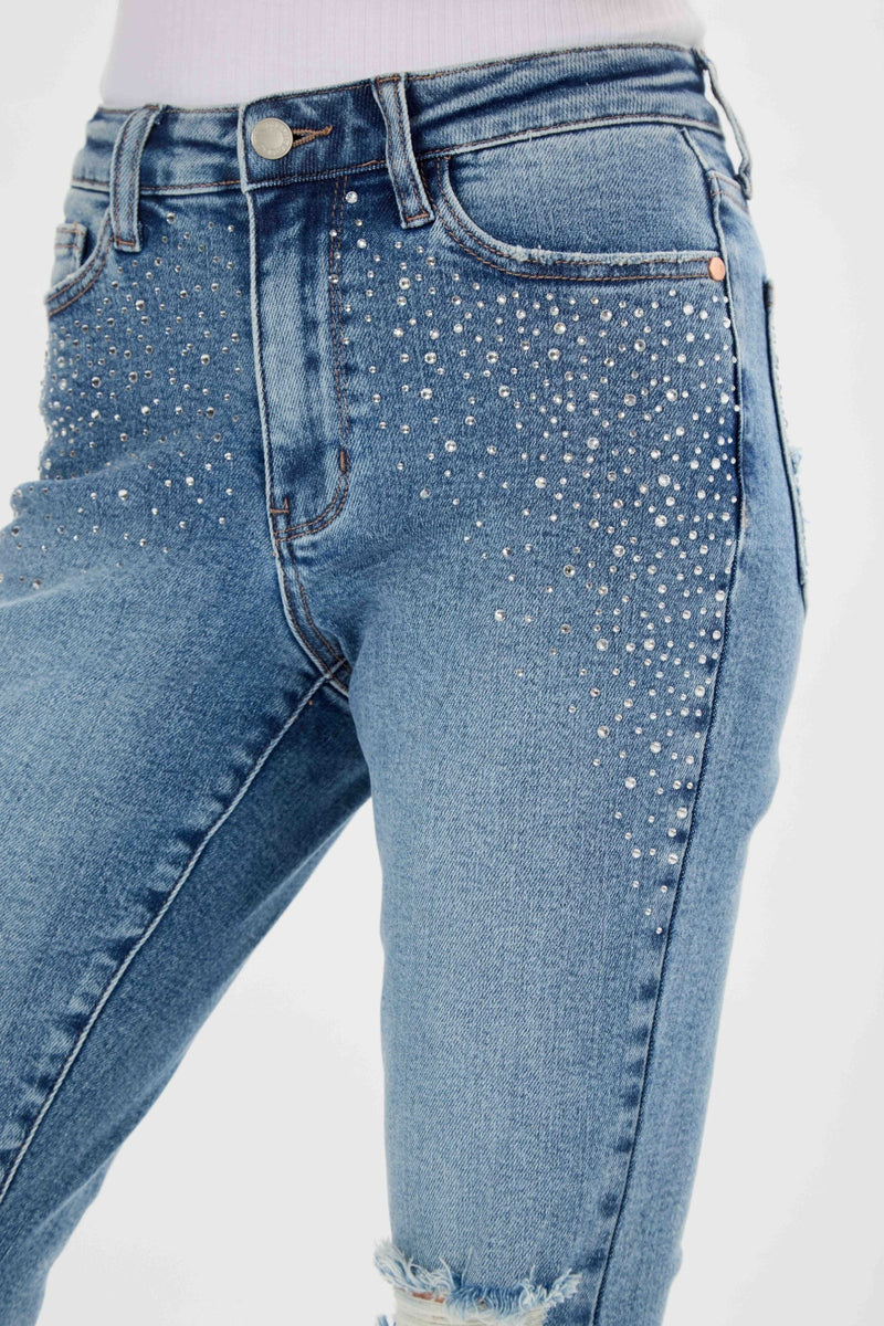 Judy Blue High Waist Rhinestone Embellished W/ Destroyed Slim Denim Jeans 88565