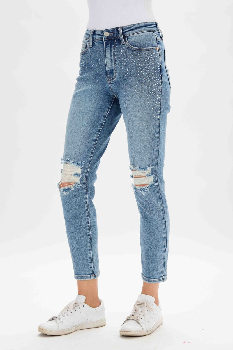 Judy Blue High Waist Rhinestone Embellished W/ Destroyed Slim Denim Jeans 88565