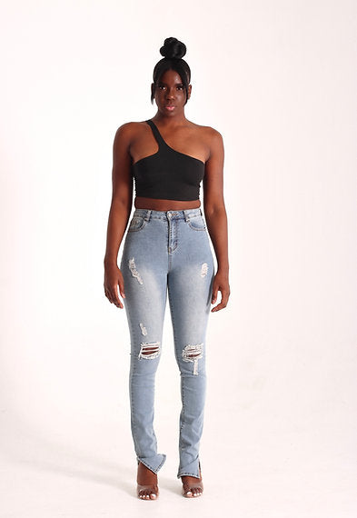 ZORA - DISTRESSED BOOTCUT SPLIT HEM DENIM -MEDIUM WASH