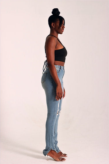 ZORA - DISTRESSED BOOTCUT SPLIT HEM DENIM -MEDIUM WASH