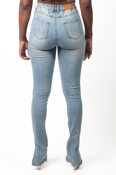 ZORA - DISTRESSED BOOTCUT SPLIT HEM DENIM -MEDIUM WASH