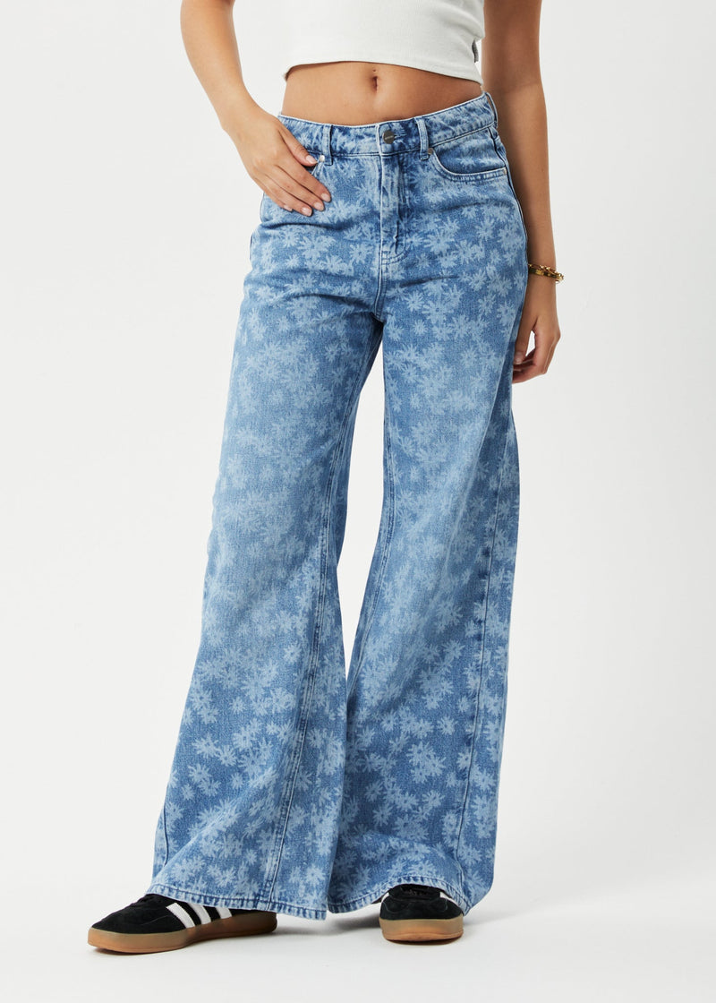 AFENDS Womens Fink Gigi - Denim Flared Jean - Worn Blue Daisy