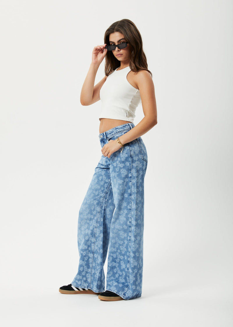 AFENDS Womens Fink Gigi - Denim Flared Jean - Worn Blue Daisy