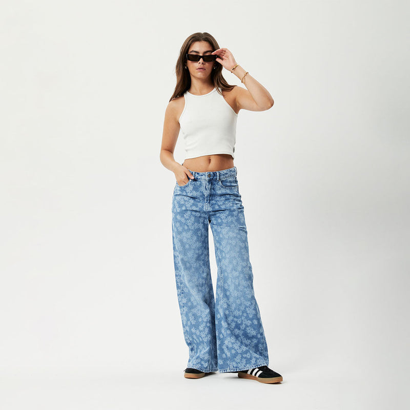 AFENDS Womens Fink Gigi - Denim Flared Jean - Worn Blue Daisy
