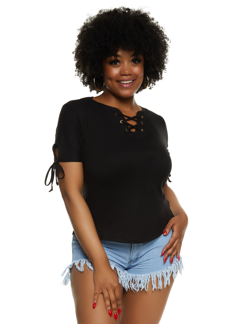 Plus Size Lace Up Notch Neck Tie Sleeve Tee