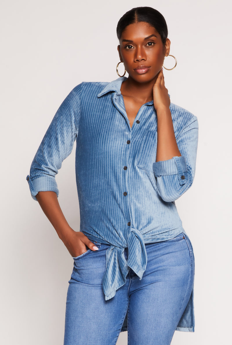 Ribbed Velvet Button Front Top