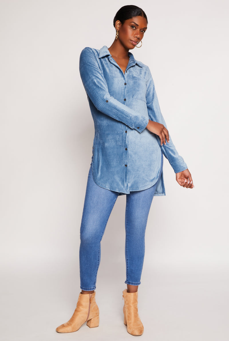Ribbed Velvet Button Front Top