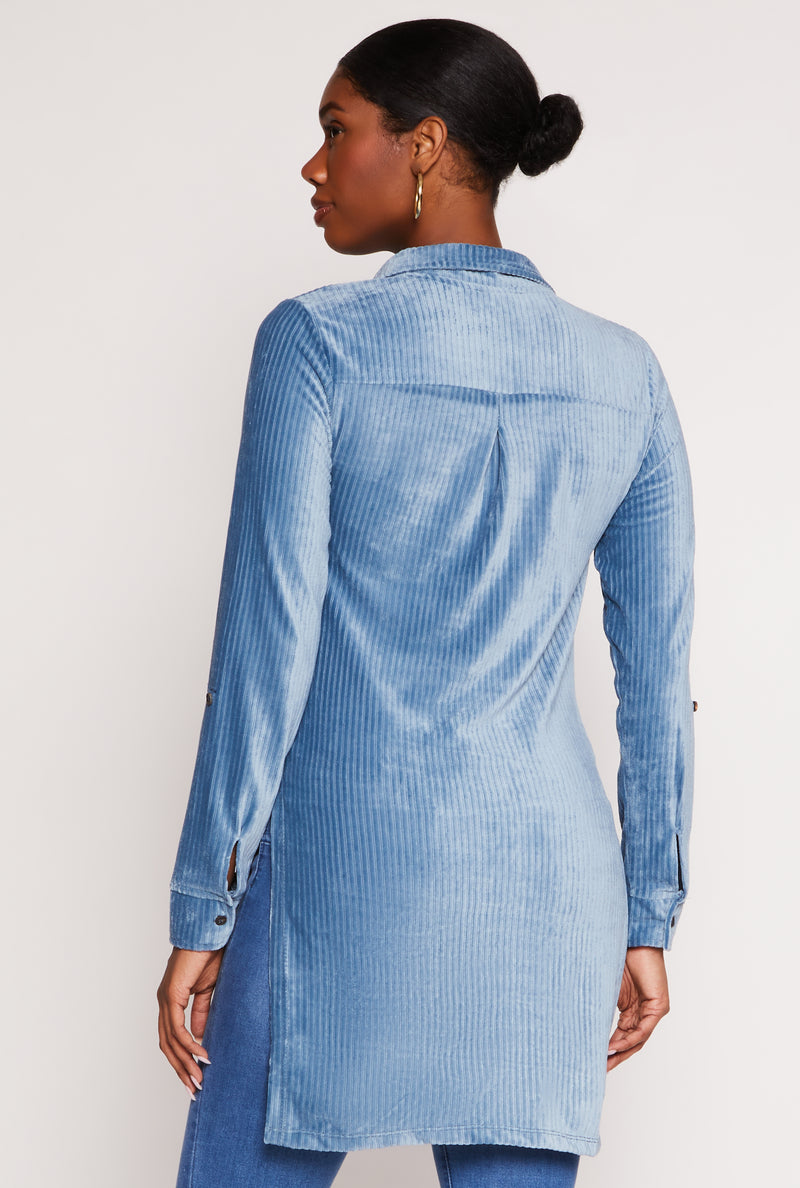 Ribbed Velvet Button Front Top